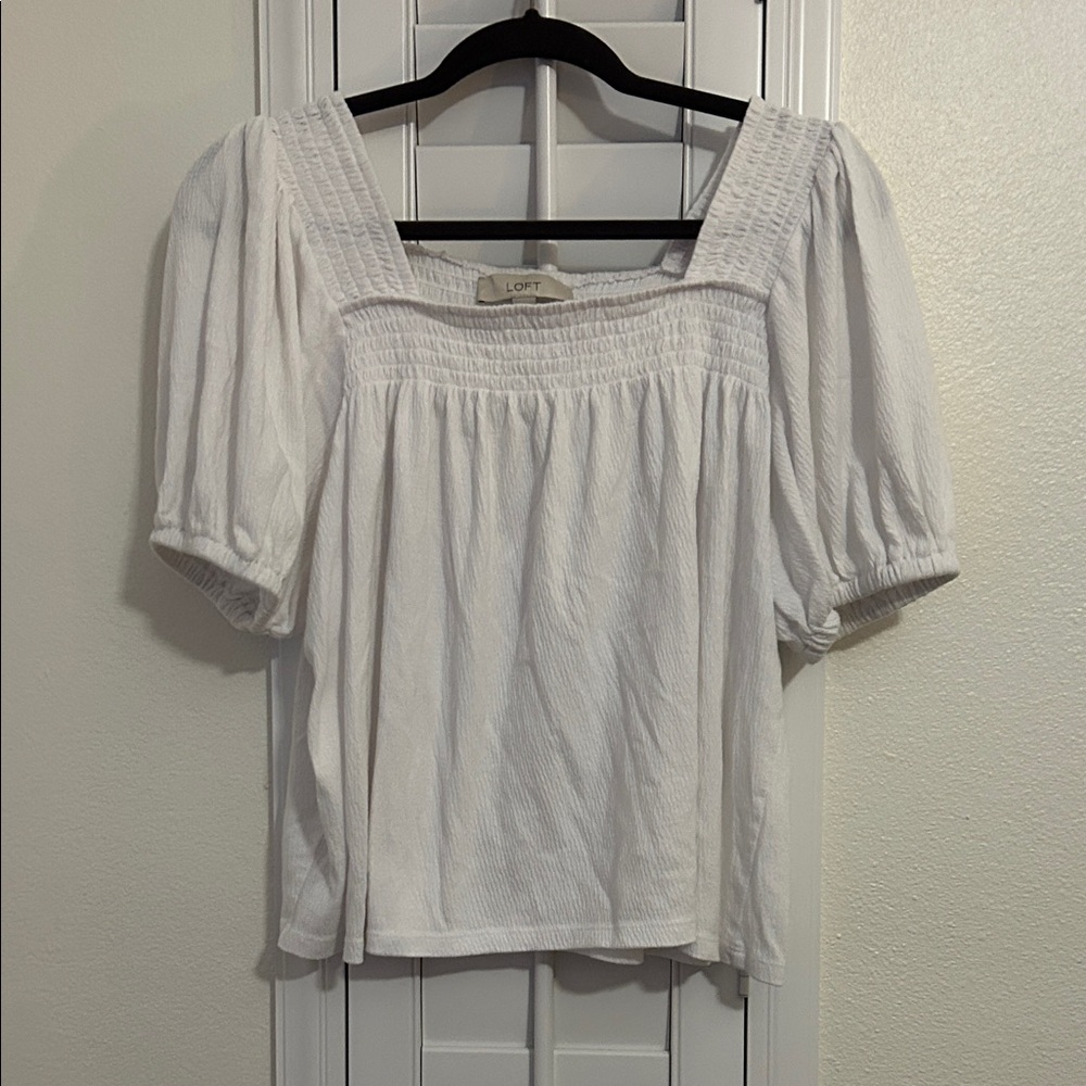 LOFT White Smocked Blouse with Puff Sleeves